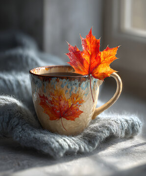 Autumn coffee cup with maple leaf on cozy blanket in soft warm indoor light
