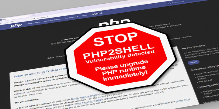 Warning sign about the PHP2SHELL vulnerability of the programming language PHP on a computer screen