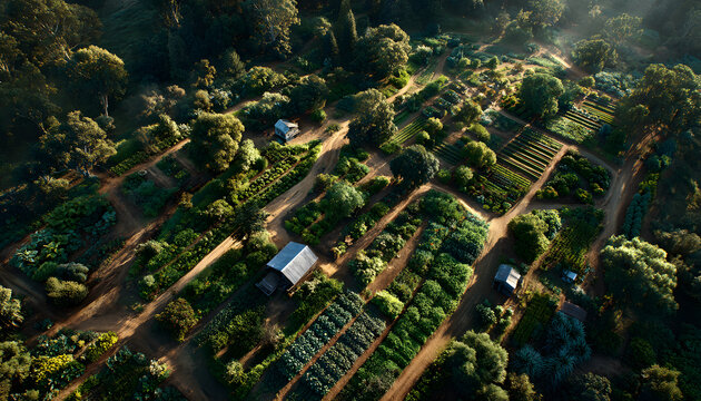 Aerial view of farm agroforestry system with diverse crops, shrubs, trees integrated into landscape. Sunlight illuminates neatly organized green fields, separated by dirt paths, sustainable