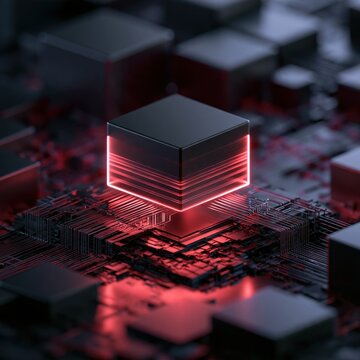 Futuristic glowing black cube hovering over high-tech circuit board with intricate red illumination and modern digital technology design elements