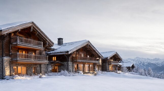 Exquisite Luxury Alpine Chalet Resort Surrounded By Snowy Peaks, Warm Amber Glow, Stunning Views