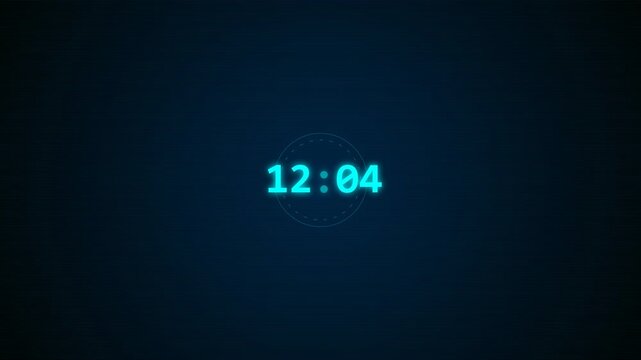 Glowing Cyan Digital Clock Numbers Glitch Animation on Dark Screen.