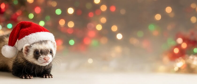 Adorable Pet Ferret Wearing a Santa Claus Hat on a Festive Christmas Background with Bokeh Lights