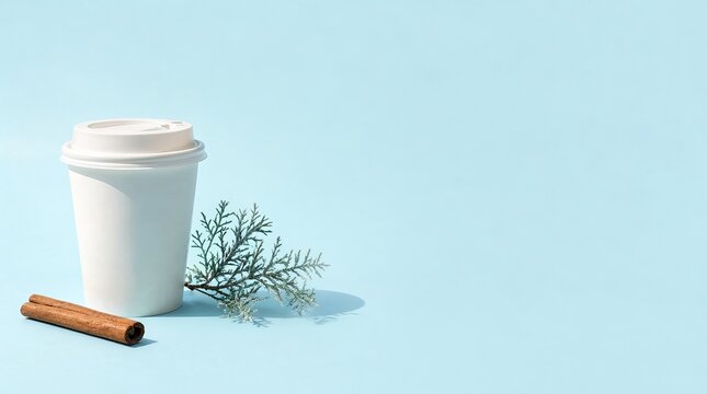 Minimalist Morning Coffee Cup With Cinnamon Stick And Winter Greenery On A Pastel Blue Background.