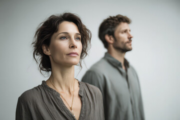 A woman standing next to her partner, subtle emotional distance between them © britaseifert