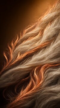 Abstract Macro Background with Silky Golden Wool Fibers and Flowing Molten Copper Fire Elements