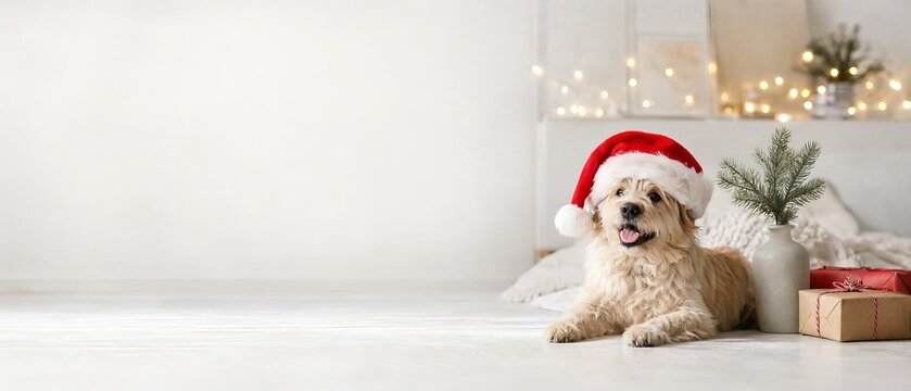 Happy Terrier Dog Wearing Santa Hat Surrounded by Christmas Gifts in Cozy Scandinavian Home Decor