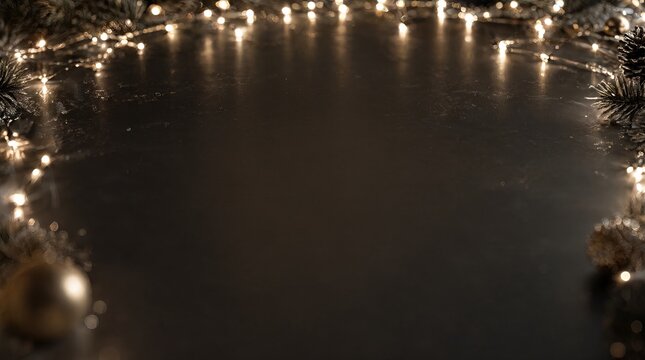 Minimalist Luxury Holiday Background with String Lights and Metallic Ornaments on Dark Surface
