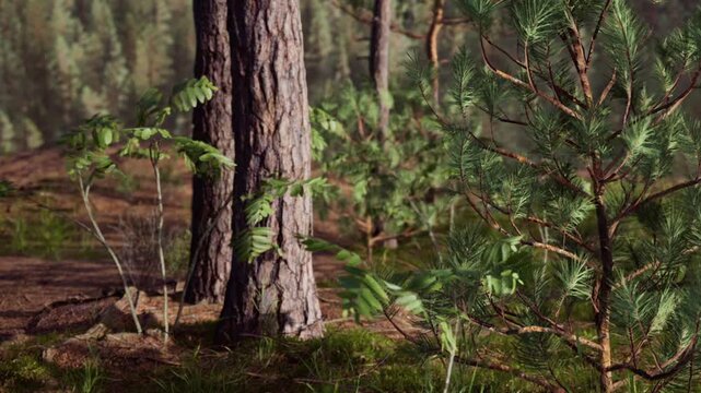 Sunlight illuminates tall pine trees and small green plants on the forest floor during daytime