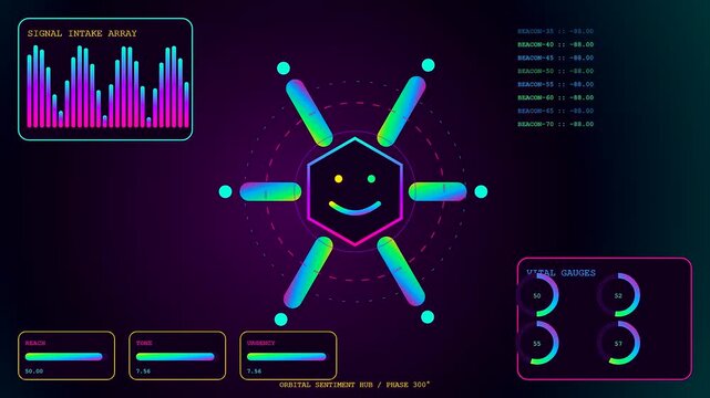 Digital sentiment analytics interface display showing changing biometric feedback loops and glowing icons while monitoring streaming data patterns across multiple cycles in a vibrant neon environment
