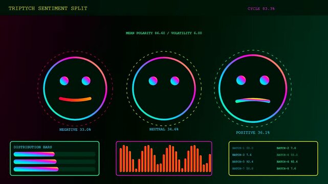 Digital sentiment analytics dashboard showing changing mood distribution metrics across three cycles featuring neon emoji icons and data visualizations on a dark sleek computer screen monitor