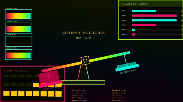 Digital sentiment analytics shows fluctuating balance bars with glowing neon colored metrics moving across a dark screen while displaying shifting data in a simple linear motion
