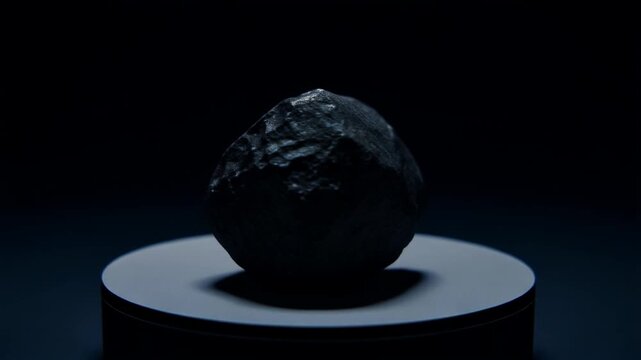 A single small, dark, and ancient meteorite specimen slowly rotates on a hidden display turntable, perfect for scientific or space-themed Full HD footage.