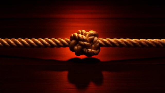 A Thick Natural Fiber Rope with a Loose Simple Knot Resting on a Dark Wooden Surface, Professional Full HD Loopable Motion Background Element