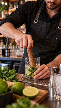Bartender muddling fresh limes and mint with a wooden pestle in a glass to prepare a mojito cocktail at a bar counter