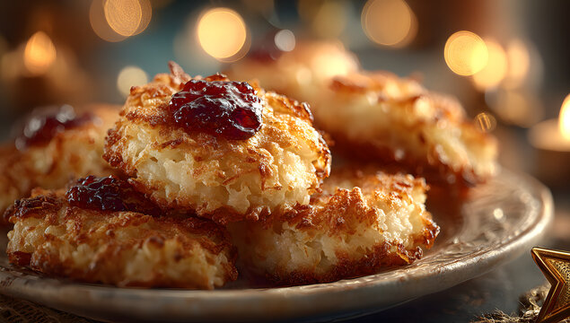 Latkes and Sufganiyot with String Lights and Jewish Stars