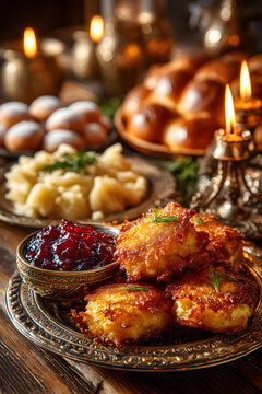 Traditional Hanukkah table filled with latkes, sufganiyot, and other festive foods during the celebration