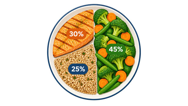 Healthy plate salmon grain vegetables portion percentage