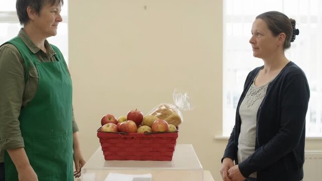 Food bank volunteer in green apron hands red basket of fresh produce and bread to woman