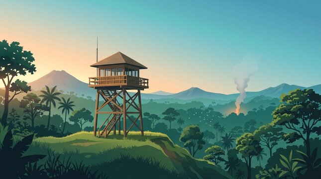 Wooden fire watchtower overlooking tropical forest with distant smoke plume and mountains at sunrise illustration
