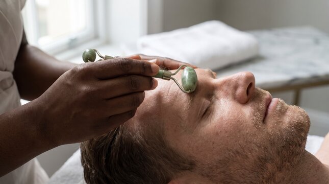 Focused esthetician rolling a jade facial roller across the forehead of a bearded man at a spa