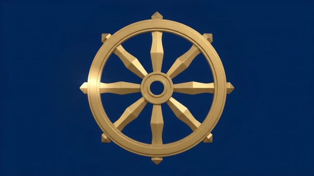 Golden Dharmachakra wheel of Dharma isolated on a solid blue background
