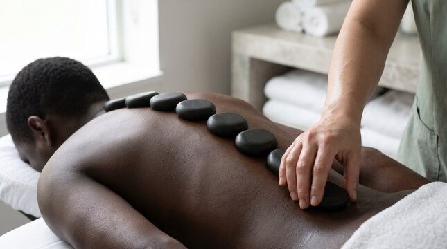 Therapist laying a long line of hot basalt stones along the spine of a client lying face down