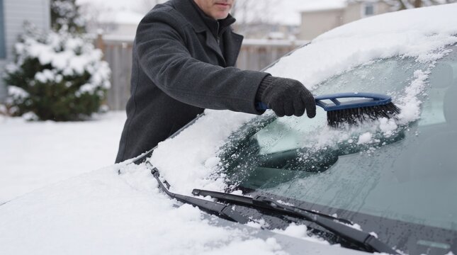 Man in coat and gloves brushes snow off car windshield during winter snowfall