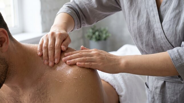 Therapist massaging an exfoliating body scrub into a man's shoulder for glowing skin in a spa