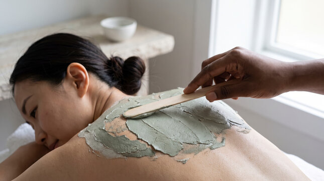 Esthetician smoothing a green mud body mask with a wooden spatula across a woman's bare back