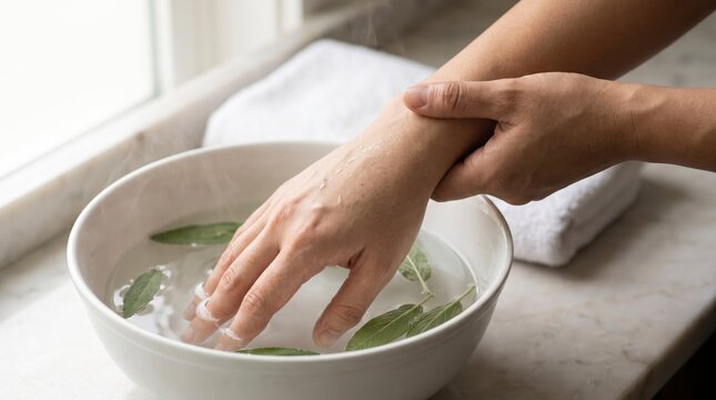 Spa guest soaking a hand in warm herbal water with sage leaves as a therapist steadies the wrist
