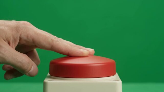 Hand Pressing A Large Red Button Against A Green Screen