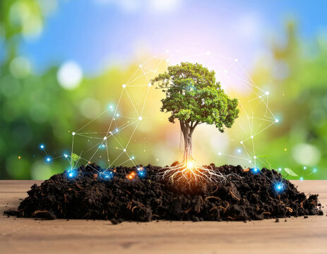 Tree with glowing roots growing rich soil, surrounded by digital network lines and light, symbolizing sustainable technology, environmental connection, growth, innovation, and hopeful future nature