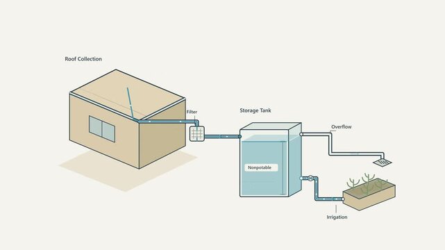 Rainwater Harvesting Tank Irrigation and Overflow System Animation 4K isometric rainwater harvesting animation showing roof runoff passing through a debris filter into a nonpotable storage tank