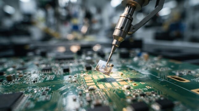 Automated surface mount assembly showing vacuum nozzle placing miniature silicon microchip onto gold circuit board pads.