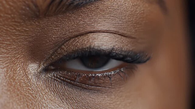 Close up macro extreme shot of a woman's blue eye with golden flecks detailed iris and lashes with subtle makeup glistening skin