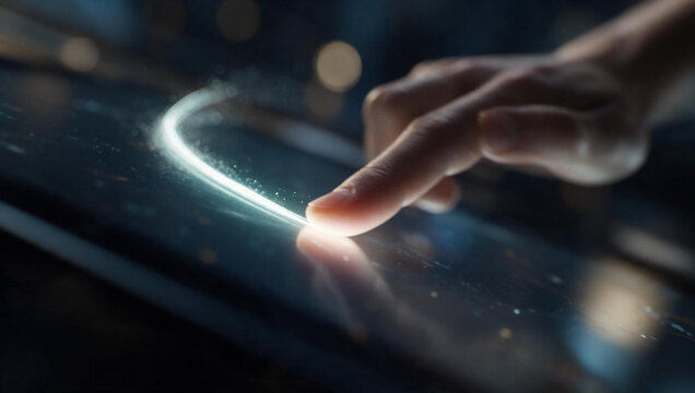 Finger Touching Futuristic Glowing Digital Touchscreen Interface