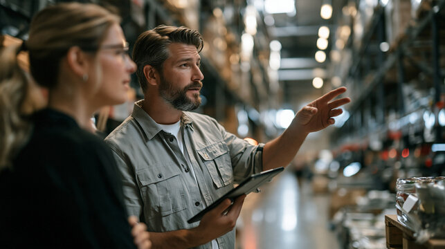 Warehouse Manager Discussing Inventory with Colleague Using Tablet