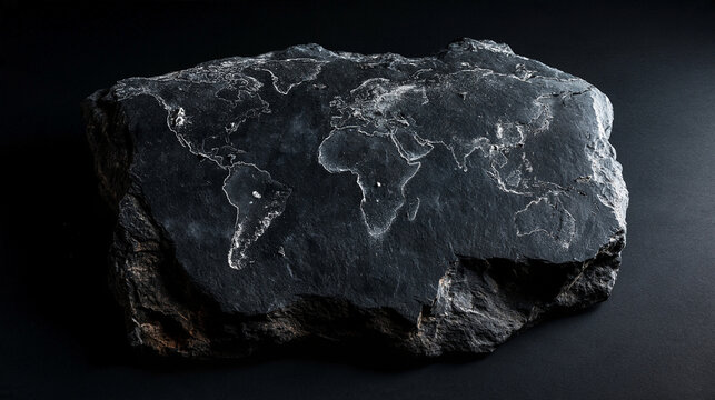 World Map Engraved on Rough Black Slate Rock