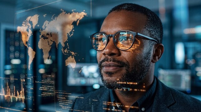 Black Businessman Analyzing Futuristic Global Digital Data Interface