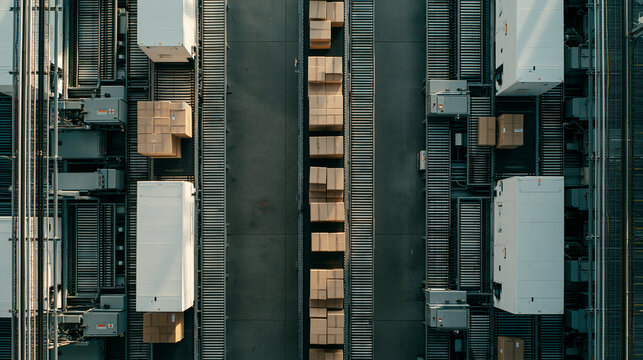 Aerial View of Automated Logistics Conveyor System with Packages