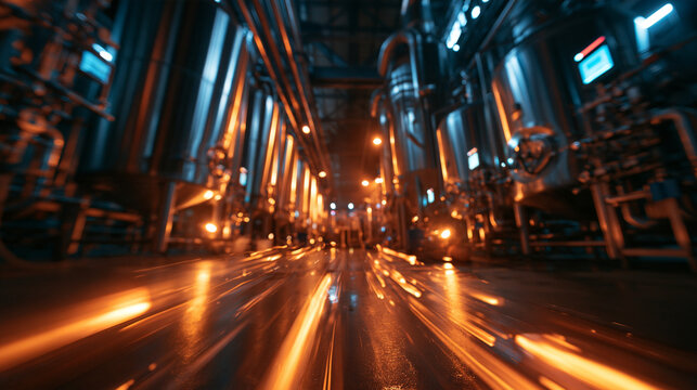 Industrial Factory Floor with Motion Blur Light Trails