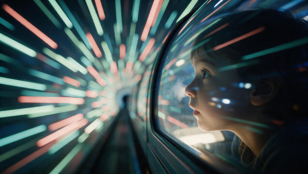 Curious Boy Looking Through Futuristic Train Window at High Speed