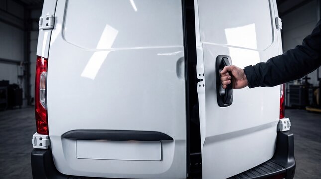 Hand Opening Rear Doors of White Delivery Van