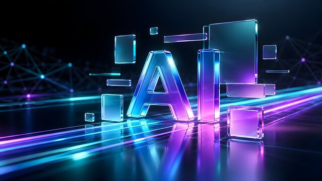 Floating 3D artificial intelligence AI text surrounded by digital glass panels and glowing neon speed lines in a dark cyber network space.