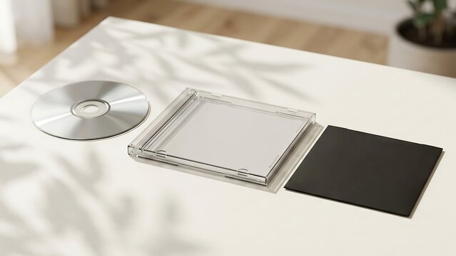 Minimalist Mockup of a CD or DVD with Clear Plastic Jewel Case and Blank Black Booklet on a White Surface with Soft Natural Shadows from Foliage, Perfect for Music Album Branding Presentation