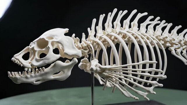 Close up of an animal skeleton display, showing skull and ribcage details in a museum setting. Paleontology, zoology, natural history, science education.