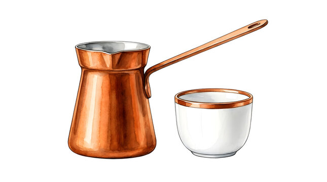 Traditional copper Turkish coffee pot and cup on white background