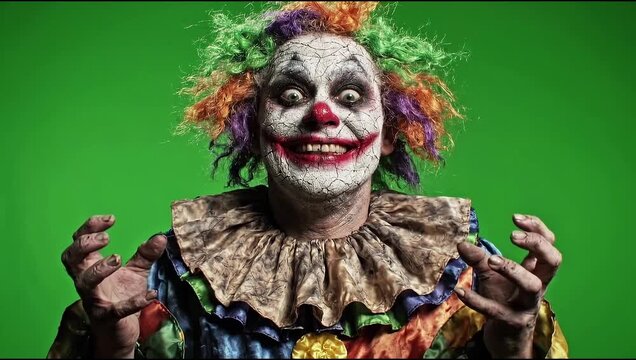 Creepy clown with cracked white makeup and colorful wig laughing menacingly against a green screen background