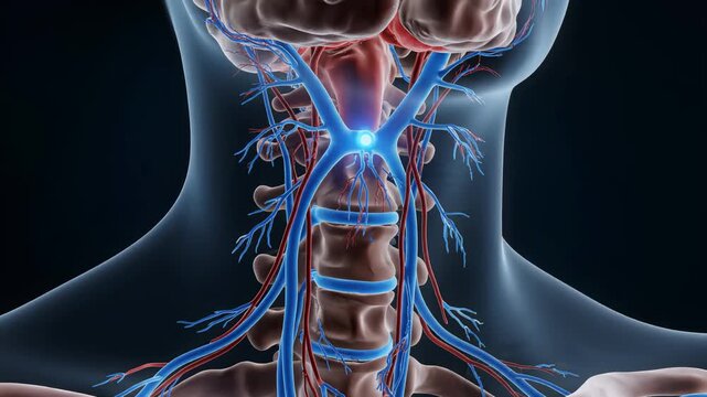 3D medical animation of the human nervous system and blood vessels in the neck and head area, showing brainstem and spinal cord. Neurology, anatomy, neuroscience, healthcare.